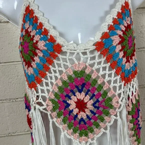 Rebellion Again Top Womens Multicolor Festival Crochet Tank Size S - Picture 6 of 8